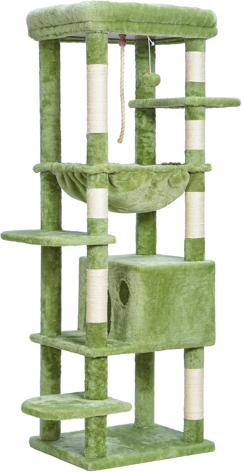 Heybly Cat Tree for Large Cats 20 lbs Heavy Duty,60 inches XXL Cat Tower for Indoor Cats,Multi-Level Furniture Condo with Big Padded Plush Perch,Cozy Basket HCT050GR