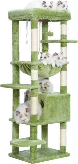 Heybly Cat Tree for Large Cats 20 lbs Heavy Duty,60 inches XXL Cat Tower for Indoor Cats,Multi-Level Furniture Condo with Big Padded Plush Perch,Cozy Basket HCT050GR