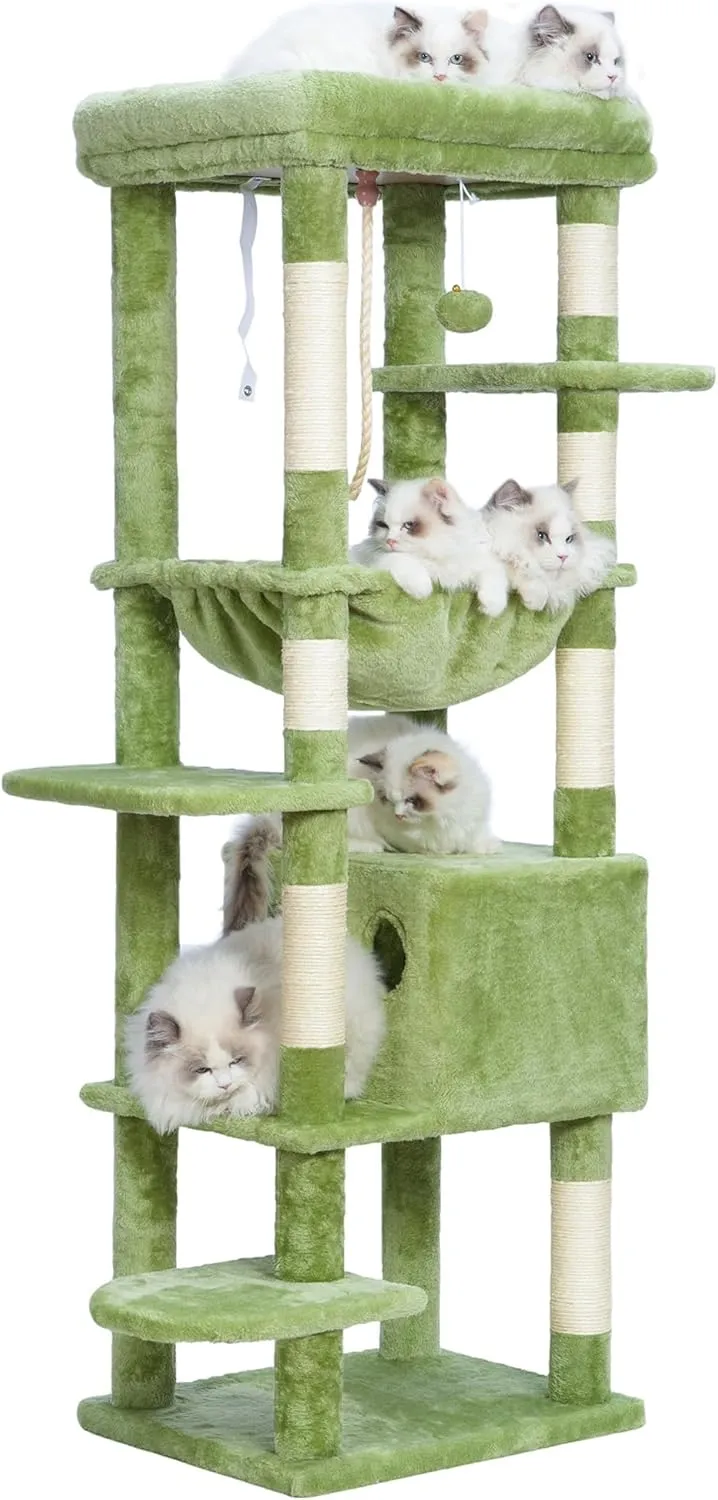 Heybly Cat Tree for Large Cats 20 lbs Heavy Duty,60 inches XXL Cat Tower for Indoor Cats,Multi-Level Furniture Condo with Big Padded Plush Perch,Cozy Basket HCT050GR