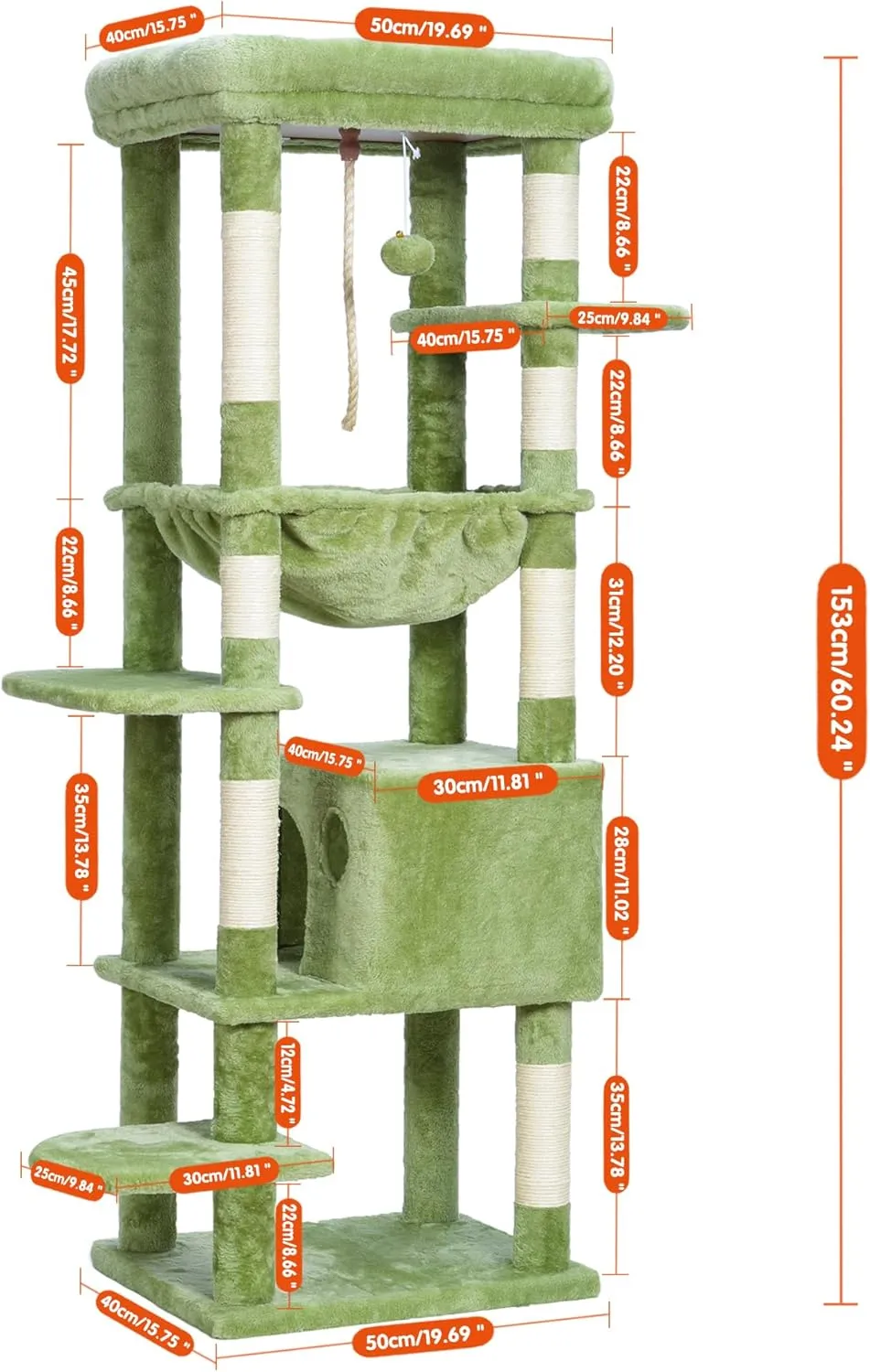 Heybly Cat Tree for Large Cats 20 lbs Heavy Duty,60 inches XXL Cat Tower for Indoor Cats,Multi-Level Furniture Condo with Big Padded Plush Perch,Cozy Basket HCT050GR