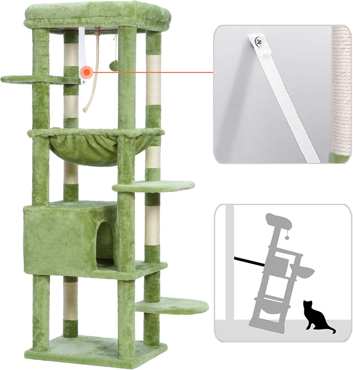 Heybly Cat Tree for Large Cats 20 lbs Heavy Duty,60 inches XXL Cat Tower for Indoor Cats,Multi-Level Furniture Condo with Big Padded Plush Perch,Cozy Basket HCT050GR