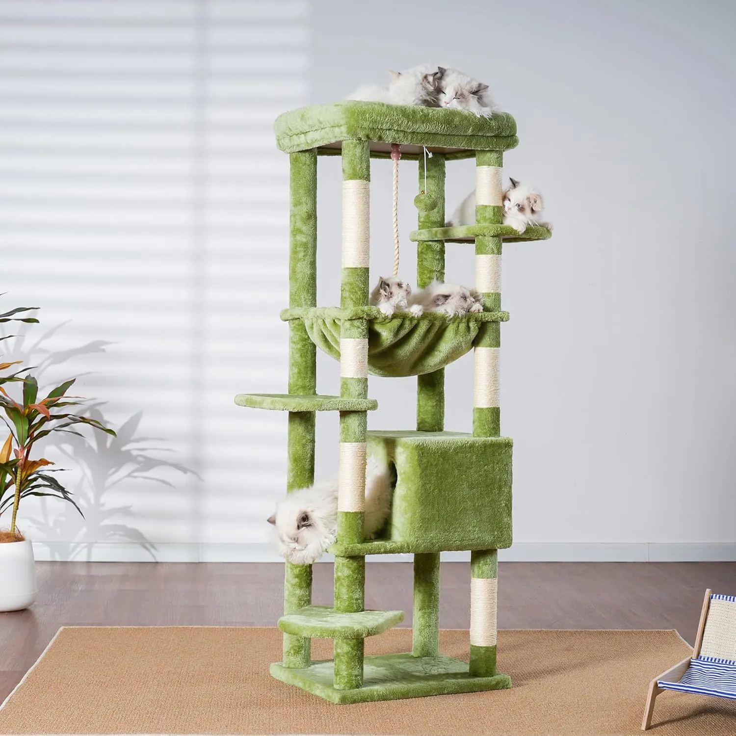 Heybly Cat Tree for Large Cats 20 lbs Heavy Duty,60 inches XXL Cat Tower for Indoor Cats,Multi-Level Furniture Condo with Big Padded Plush Perch,Cozy Basket HCT050GR