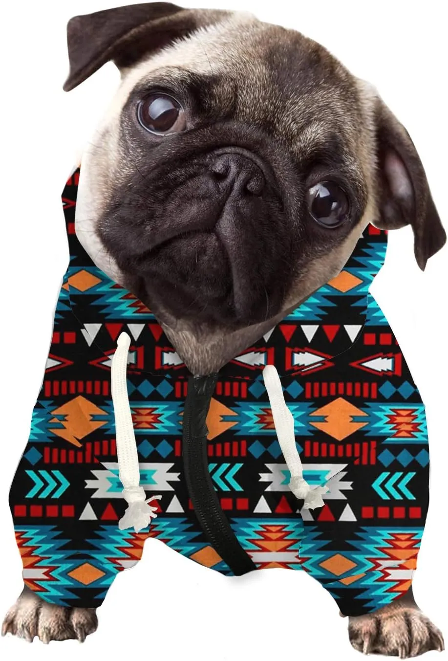 Howilath Casual Canine Polyester Cotton Dog Hoodie, Ethnic Totem Black Turquoise Indian Tribal Triangle Pet Clothes Sweatershirt Coat for Dogs, Cats, Puppies - L