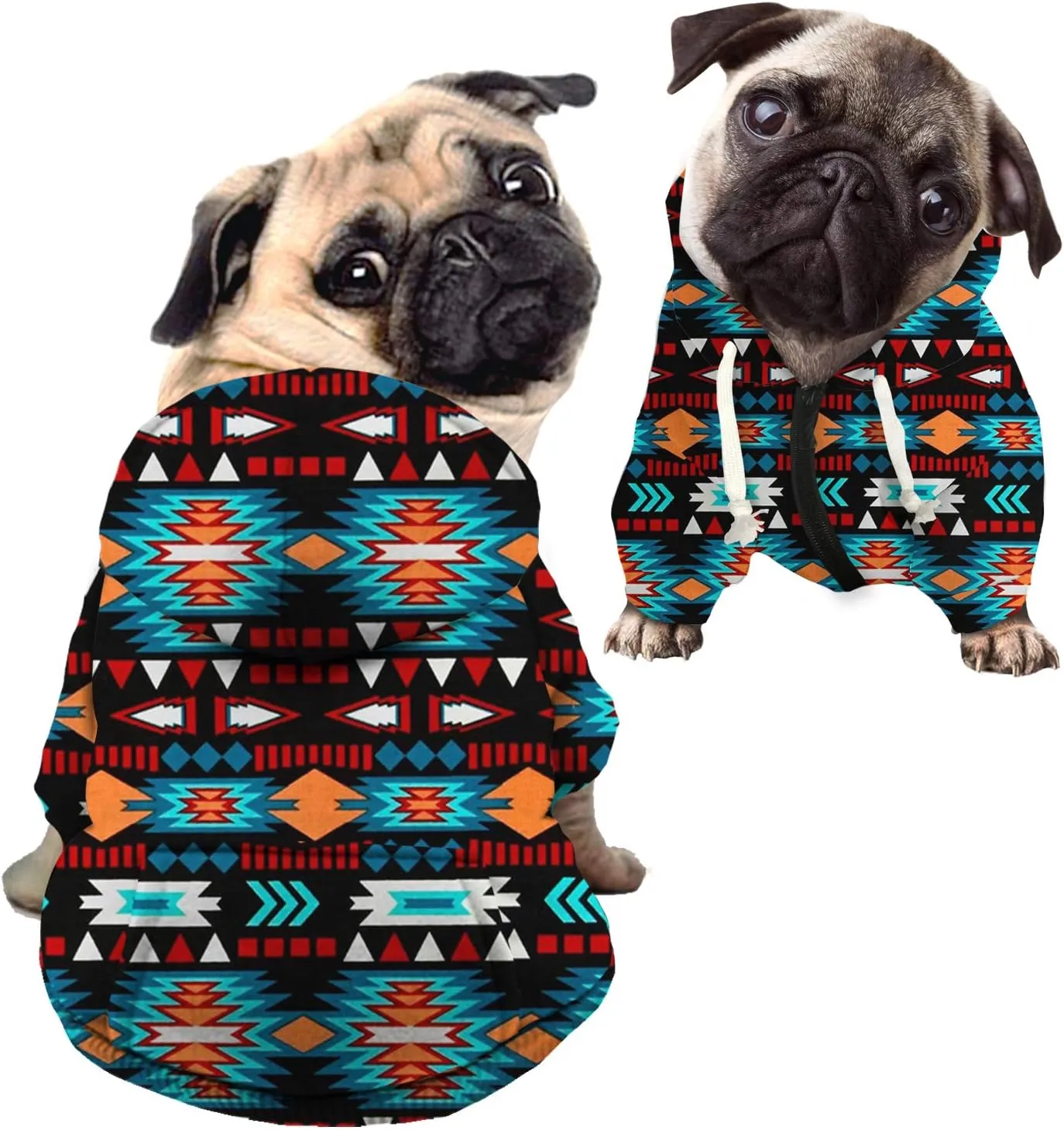 Howilath Casual Canine Polyester Cotton Dog Hoodie, Ethnic Totem Black Turquoise Indian Tribal Triangle Pet Clothes Sweatershirt Coat for Dogs, Cats, Puppies - L