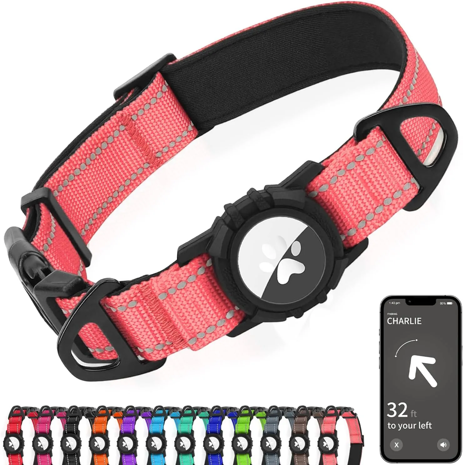 Joytale Airtag Dog Collar, Reflective Pet Collar with Waterproof AirTag Holder, Dual D-Rings, Soft Padded Adjustable for Large Dogs, Neon Pink, L