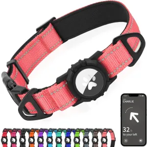Joytale Airtag Dog Collar, Reflective Pet Collar with Waterproof AirTag Holder, Dual D-Rings, Soft Padded Adjustable for Large Dogs, Neon Pink, L