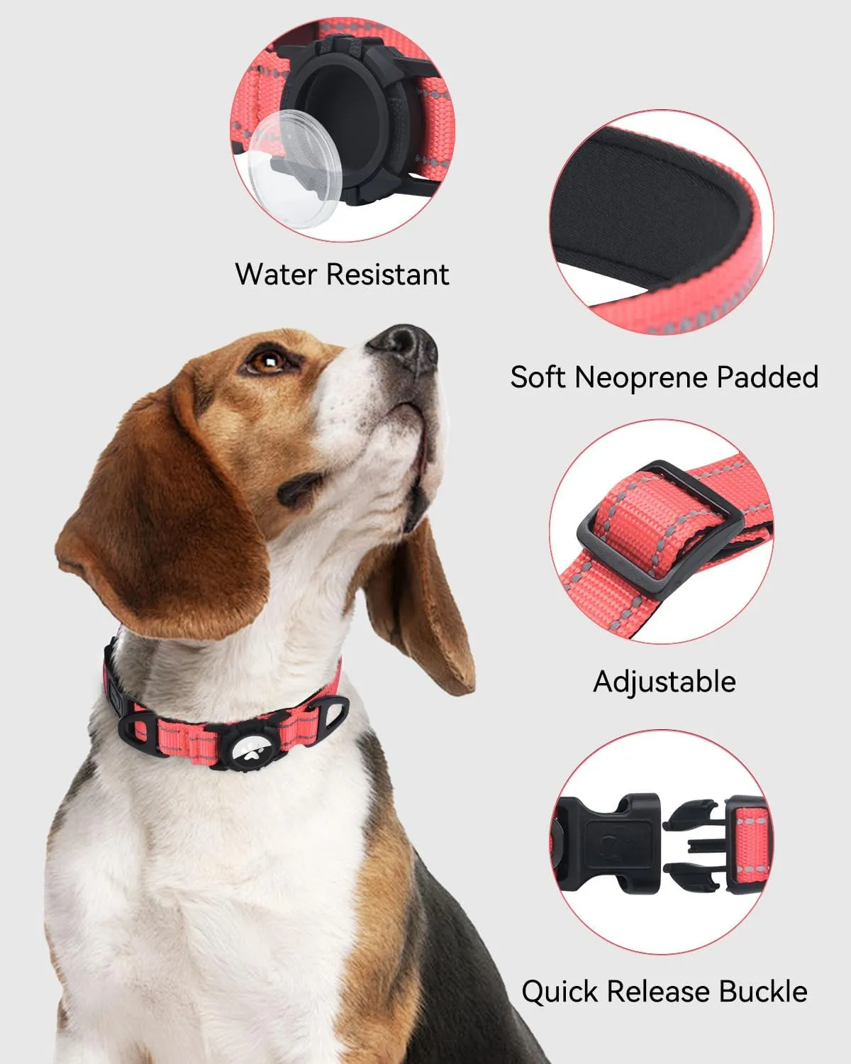 Joytale Airtag Dog Collar, Reflective Pet Collar with Waterproof AirTag Holder, Dual D-Rings, Soft Padded Adjustable for Large Dogs, Neon Pink, L