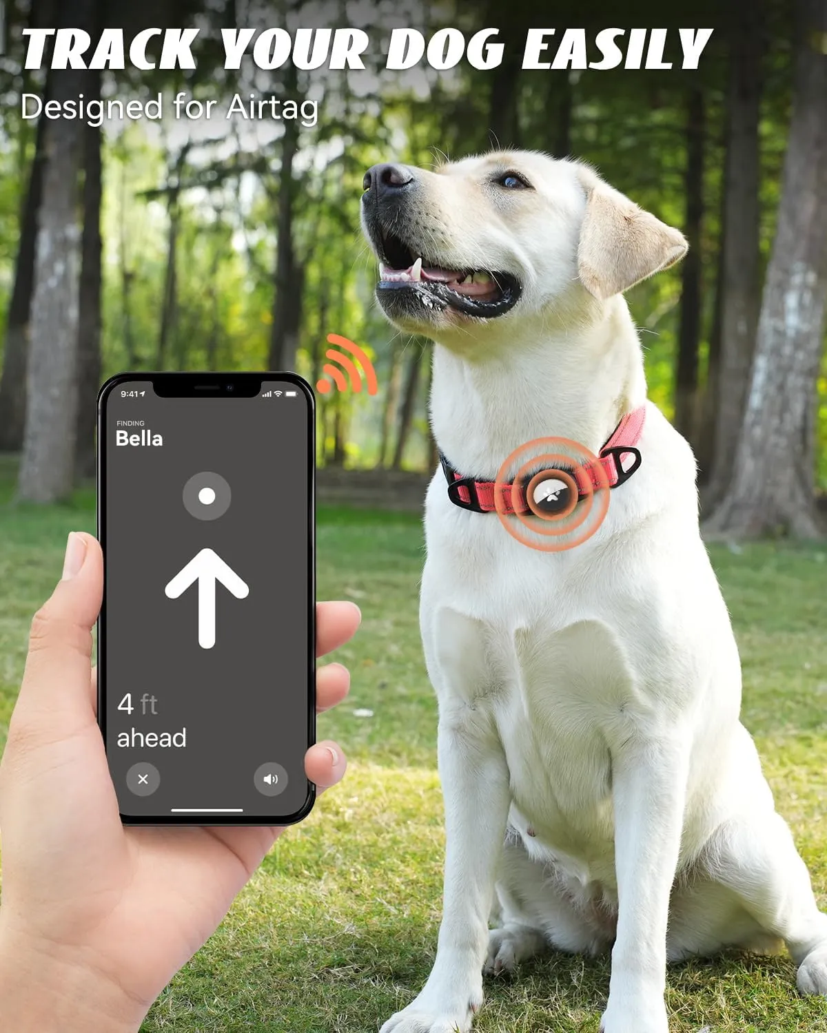 Joytale Airtag Dog Collar, Reflective Pet Collar with Waterproof AirTag Holder, Dual D-Rings, Soft Padded Adjustable for Large Dogs, Neon Pink, L