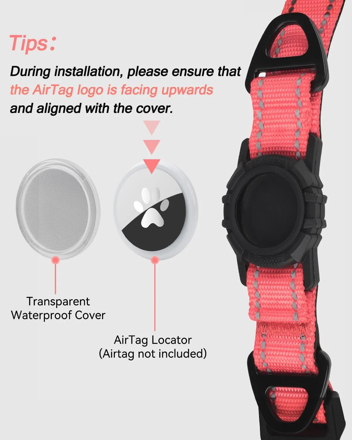 Joytale Airtag Dog Collar, Reflective Pet Collar with Waterproof AirTag Holder, Dual D-Rings, Soft Padded Adjustable for Large Dogs, Neon Pink, L