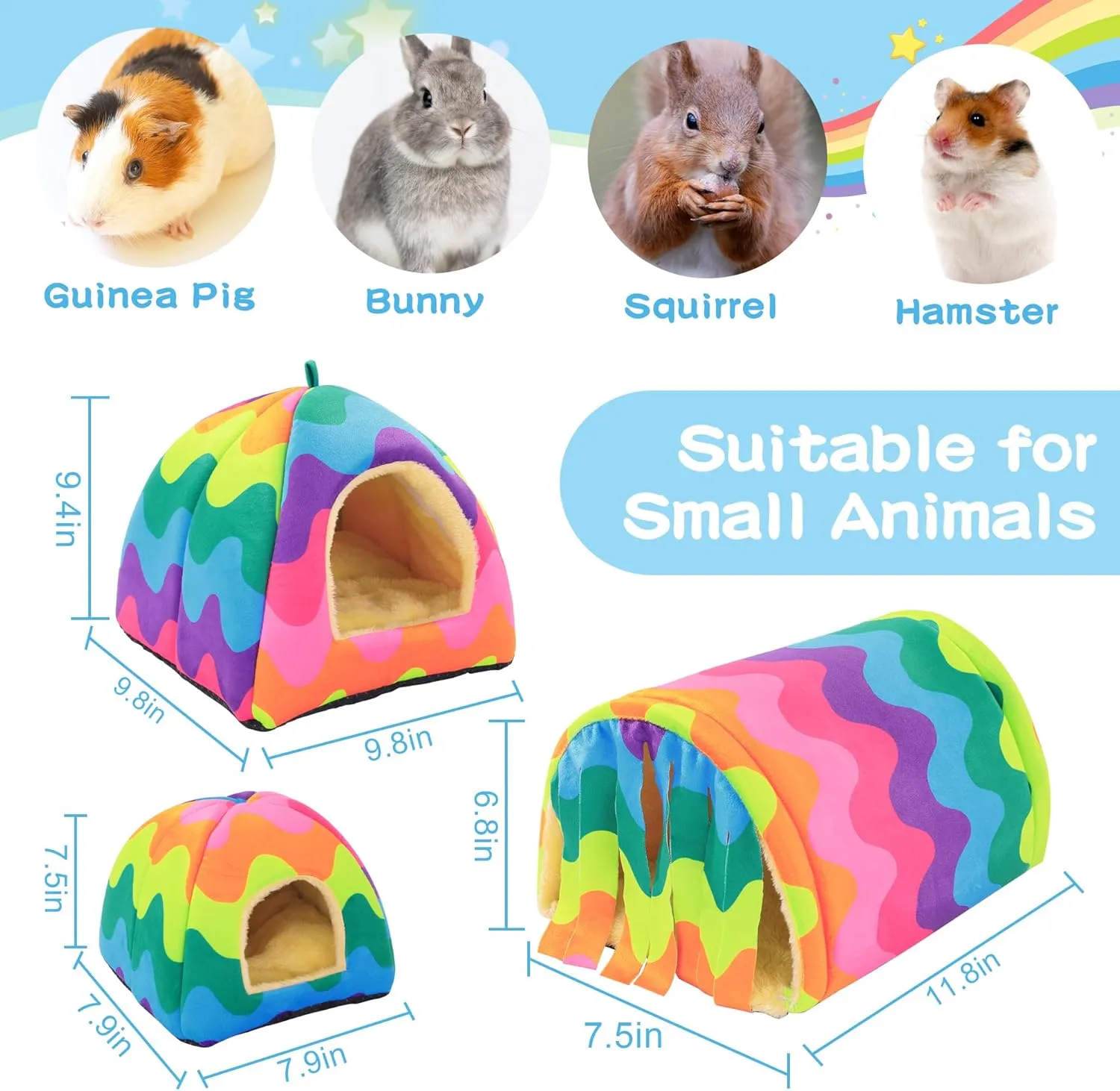 MABOZOO 3 Pack Guinea Pig House Accessories, Washable 2 Guinea Pig House and Hideout Tunnel with Curtains, Chinchilla Hideout for Hamster, Rabbit, Bunny, Chinchillas(Colorful)