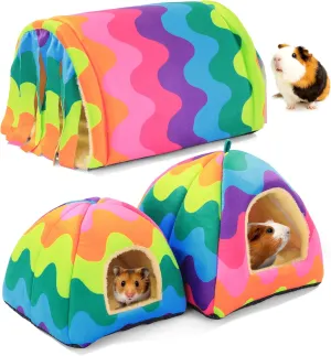MABOZOO 3 Pack Guinea Pig House Accessories, Washable 2 Guinea Pig House and Hideout Tunnel with Curtains, Chinchilla Hideout for Hamster, Rabbit, Bunny, Chinchillas(Colorful)