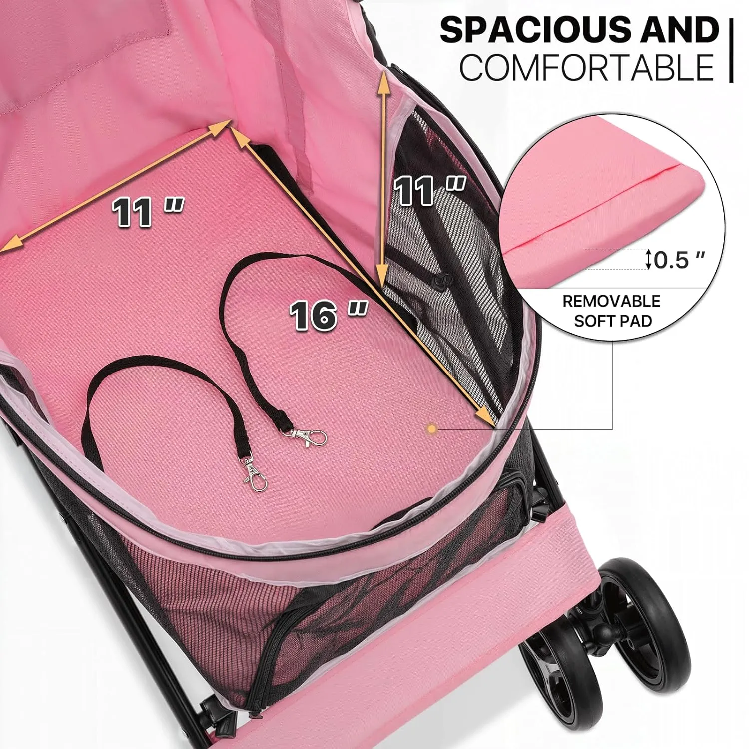 MoNiBloom 4 Wheels Pet Stroller, Easy-Fold Puppy Cage Jogger Stroller with Sun Cover, Pad and Rear Storage Bag, Breathable and Visible Mesh for Small/Medium Pets up to 22 lbs, Pink