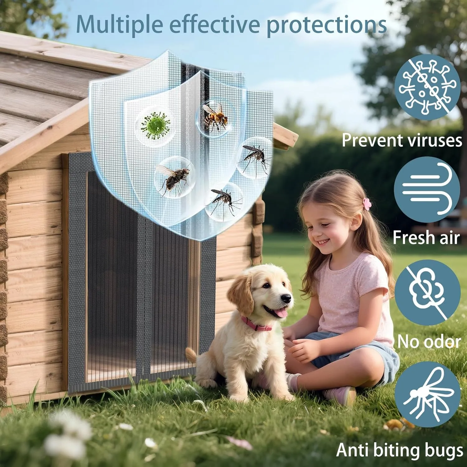 Mosquito Proof Dog House Cover with Magnetic Screen Door-Heavy-Duty Mesh Kennel Curtain,Ventilated&Washable Pet Mosquito Screen Door for Kennels,Mosquito Screen Door for Dog House (19.6'' x 14.5'')