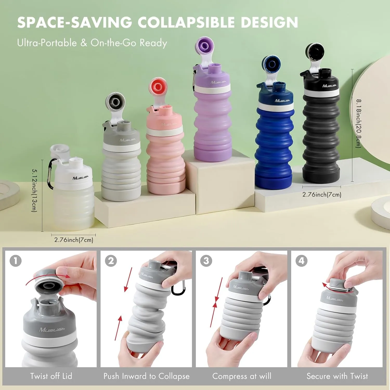 Muslish Collapsible Water Bottle 18oz(550ml), BPA Free Silicone Foldable Water Bottles for Travel Gym Camping Hiking, Reuseable Portable Leak Proof Sports Water Bottle with Carabiner(Light Gray)