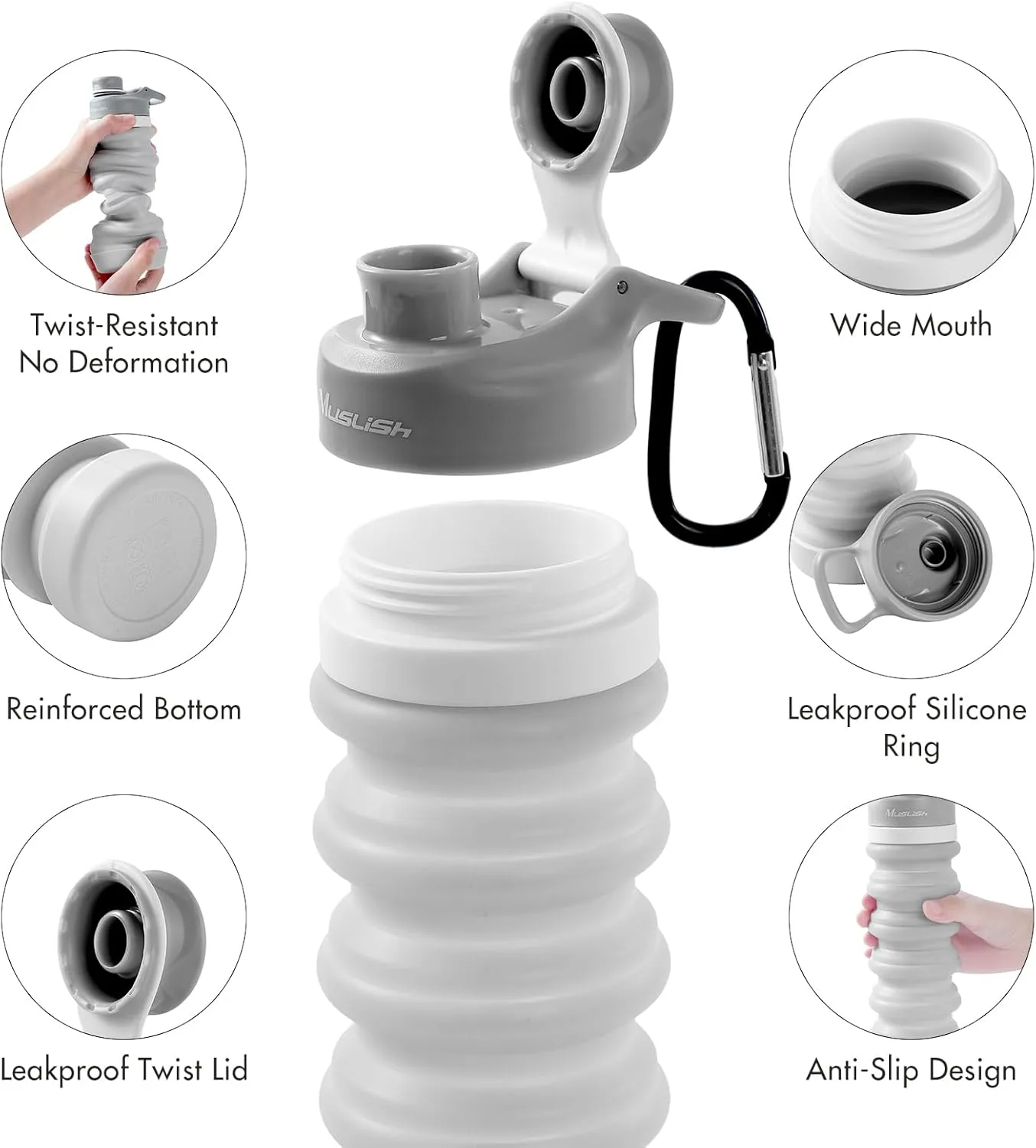 Muslish Collapsible Water Bottle 18oz(550ml), BPA Free Silicone Foldable Water Bottles for Travel Gym Camping Hiking, Reuseable Portable Leak Proof Sports Water Bottle with Carabiner(Light Gray)