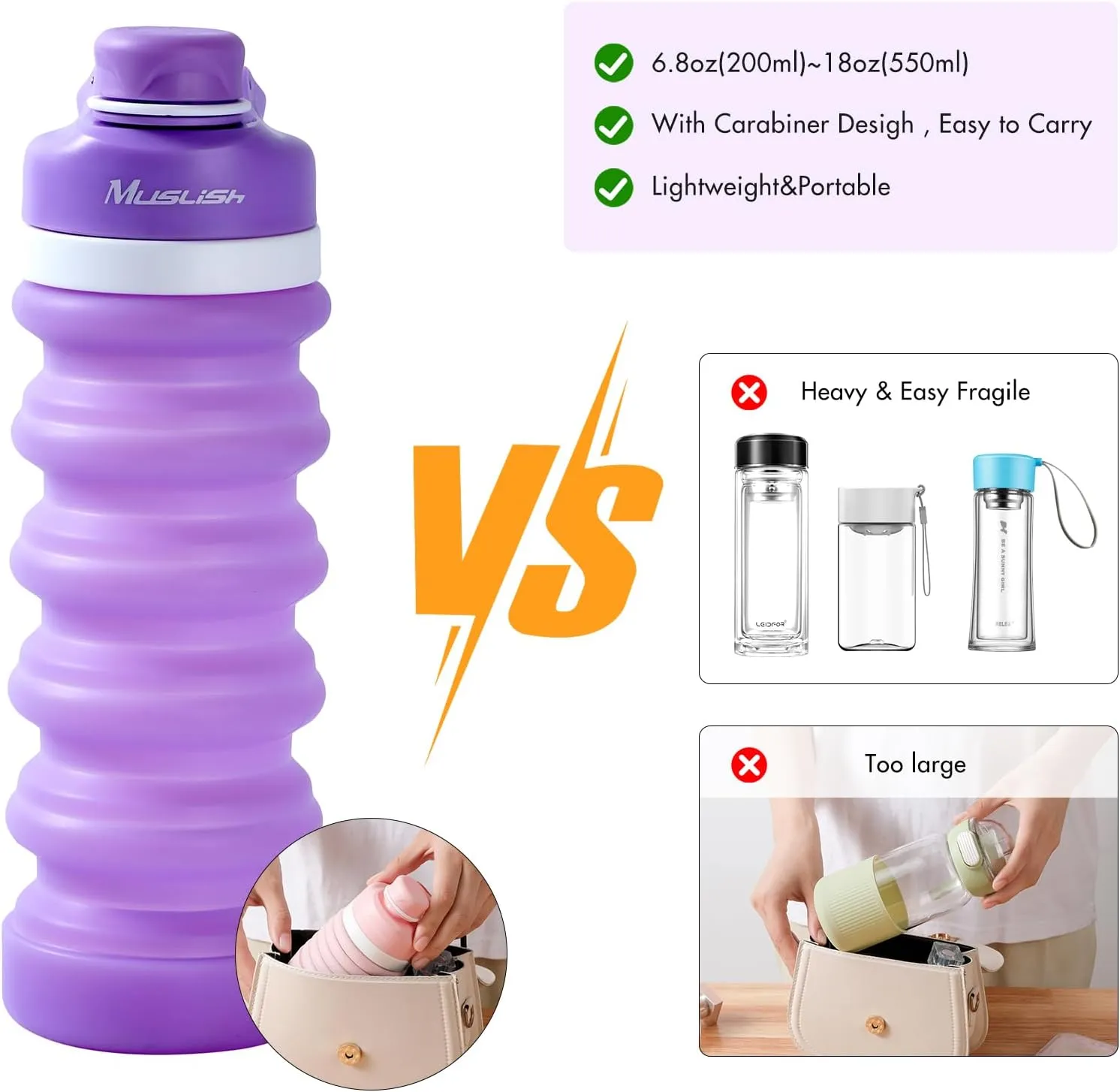 Muslish Collapsible Water Bottle 18oz(550ml), BPA Free Silicone Foldable Water Bottles for Travel Gym Camping Hiking, Reuseable Portable Leak Proof Sports Water Bottle with Carabiner(Light Gray)