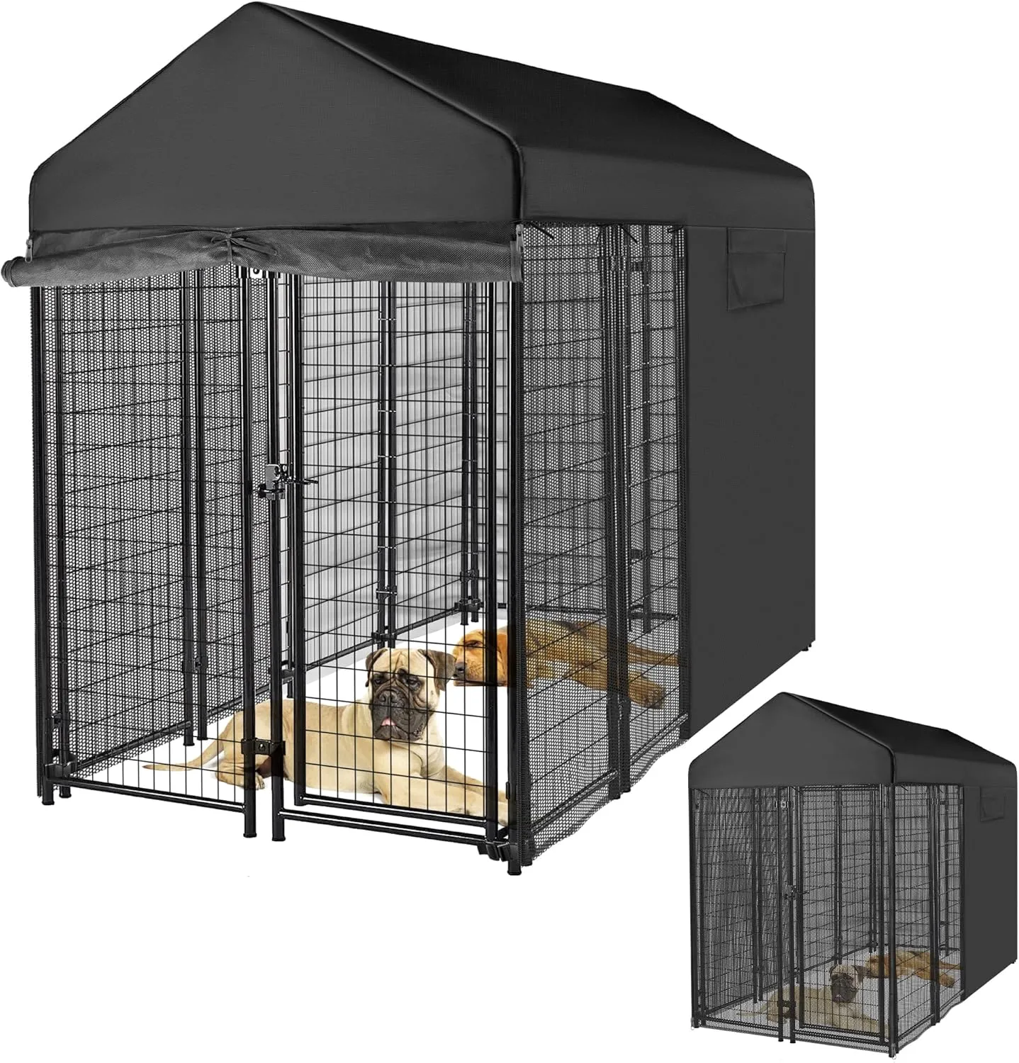 Outdoor Dog Kennel Cover Black for 8'Dx4'W 600D Waterproof and Durable Dog Crate Cover with Mesh Breathable Good ObservationCover Only