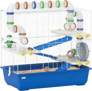 PawHut 4 Tier Hamster Cage, Rat Cage with Tunnel Tube System, Exercise Wheel, Hut, Food Dish, Water Bottle, Small Animal Cage for Syrian, Gerbil, Mouse, 30.7" x 17.7" x 28.7", Blue