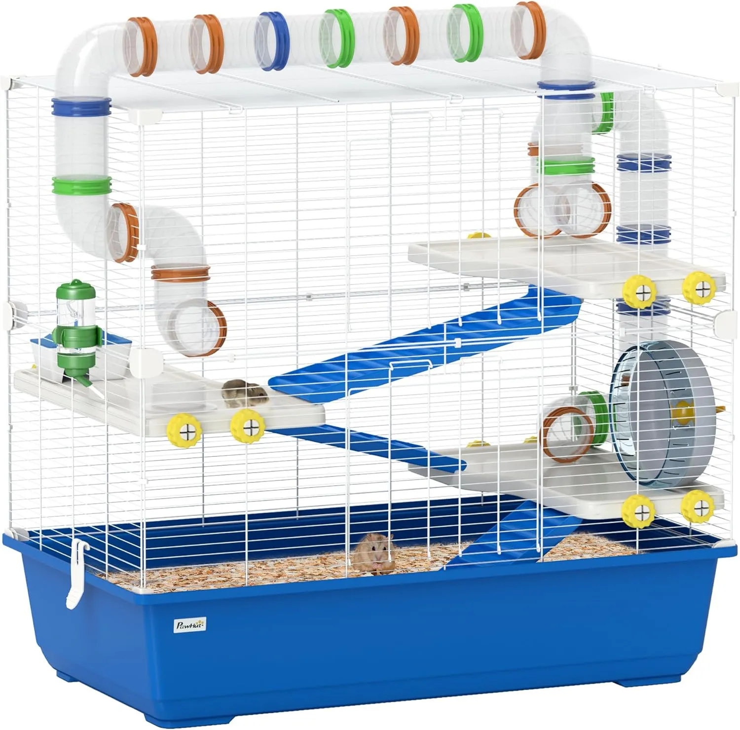 PawHut 4 Tier Hamster Cage, Rat Cage with Tunnel Tube System, Exercise Wheel, Hut, Food Dish, Water Bottle, Small Animal Cage for Syrian, Gerbil, Mouse, 30.7" x 17.7" x 28.7", Blue