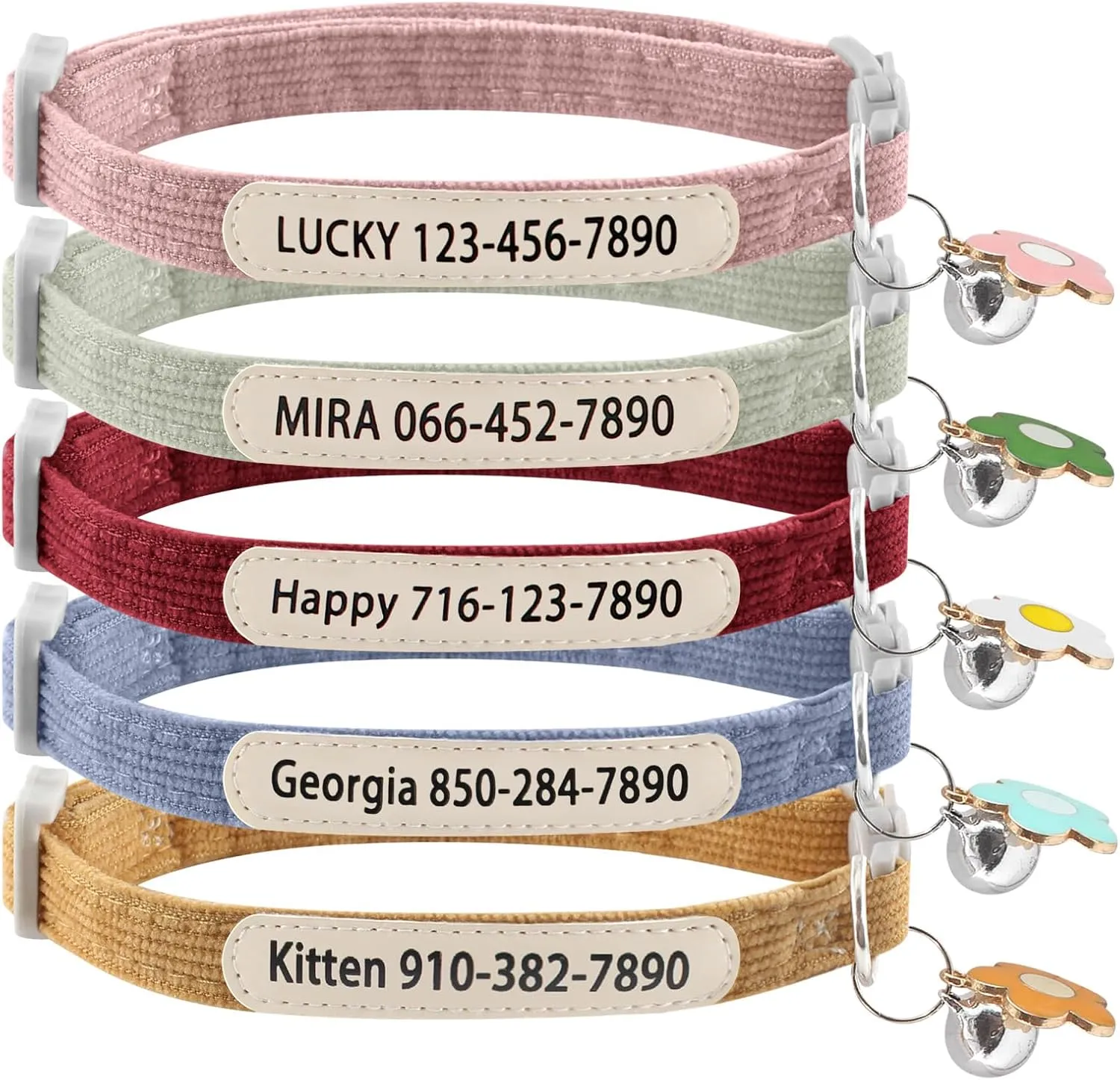 Personalized Cat Collar with Bell - Custom Kitten Breakaway Collars with UV Printed Pet Name and Phone Number Adjustable and Stylish (Corduroy)