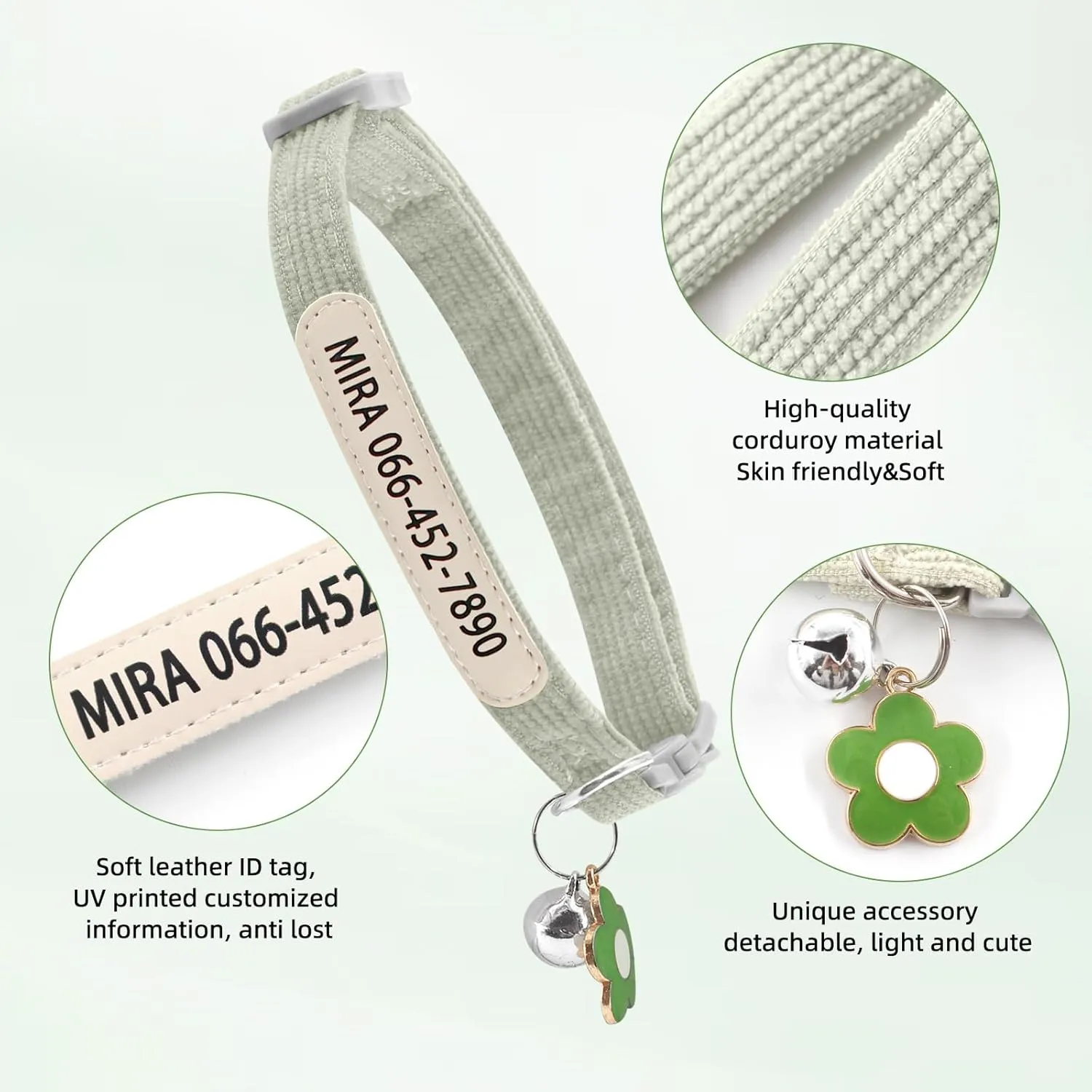 Personalized Cat Collar with Bell - Custom Kitten Breakaway Collars with UV Printed Pet Name and Phone Number Adjustable and Stylish (Corduroy)
