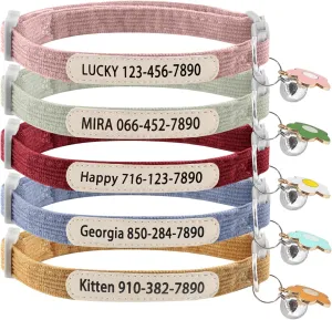 Personalized Cat Collar with Bell - Custom Kitten Breakaway Collars with UV Printed Pet Name and Phone Number Adjustable and Stylish (Corduroy)