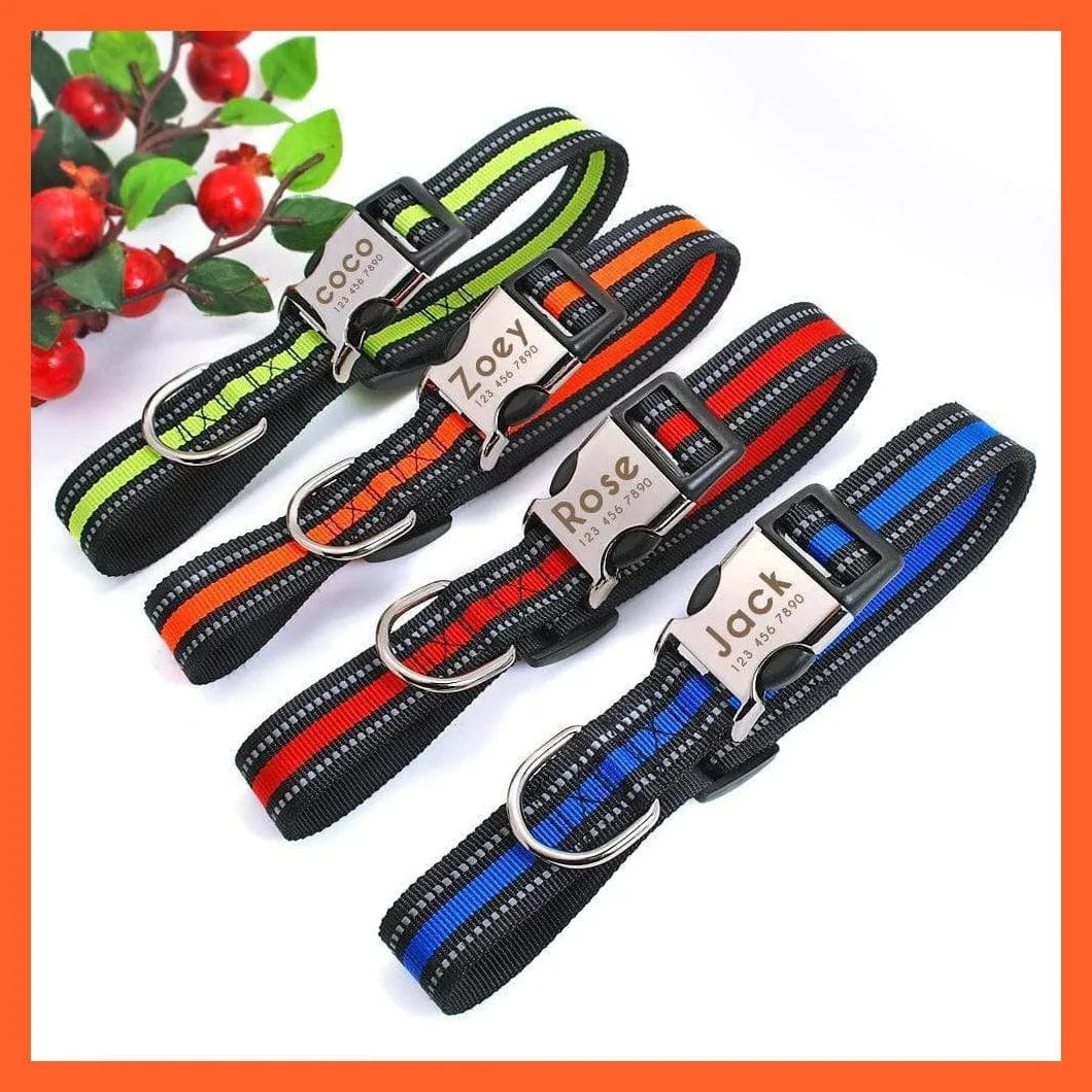 Personalized Reflective Nylon Dog Collar | Pet Dog Name Tag Customized Engraved Collar | For Small Medium Large Dogs