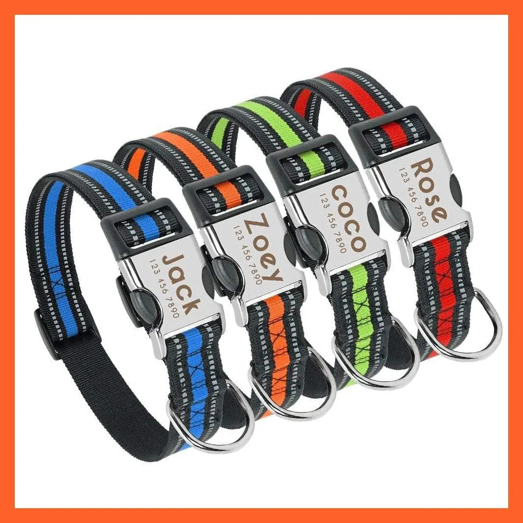 Personalized Reflective Nylon Dog Collar | Pet Dog Name Tag Customized Engraved Collar | For Small Medium Large Dogs