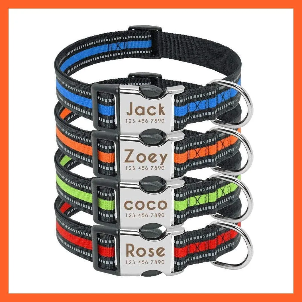 Personalized Reflective Nylon Dog Collar | Pet Dog Name Tag Customized Engraved Collar | For Small Medium Large Dogs