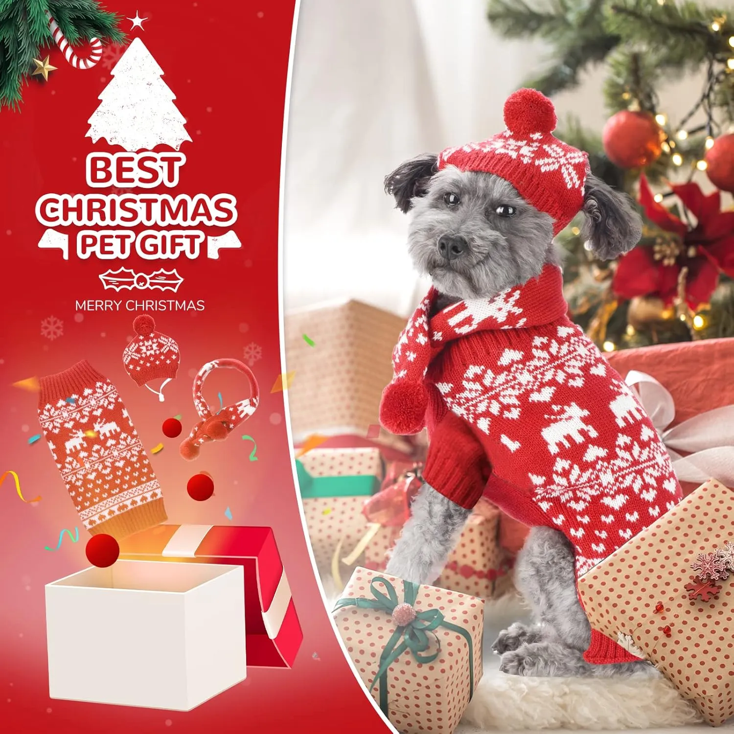PETCARE 3 Pack Dog Christmas Costume - Cute Red Reindeer Snowflake Christmas Dog Sweater Scarf Hat Set - Pet Dog Cat Puppy Xmas Outfits Costume for Small Medium Dogs Cats Clothes