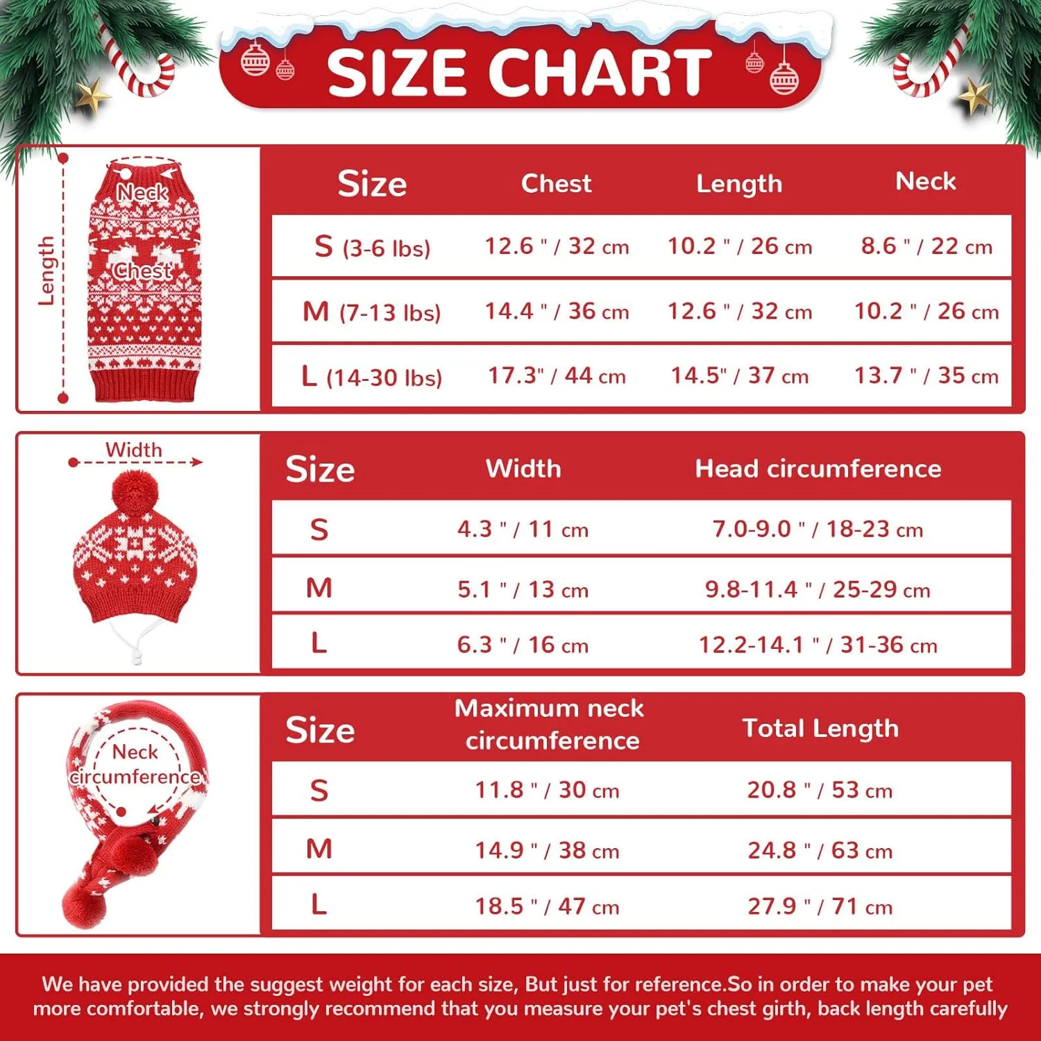PETCARE 3 Pack Dog Christmas Costume - Cute Red Reindeer Snowflake Christmas Dog Sweater Scarf Hat Set - Pet Dog Cat Puppy Xmas Outfits Costume for Small Medium Dogs Cats Clothes