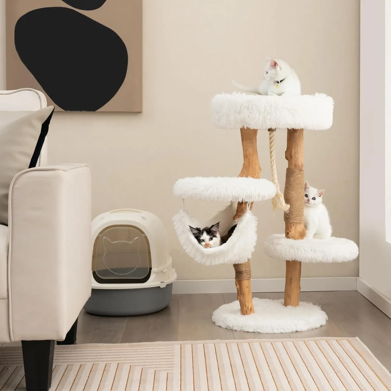 PETSITE 34 inch Wooden Cat Tree, Solid Wood Modern Cat Tower with Jute Scratching Posts, Sisal Rope, Cozy Top Perch and Hammock, Soft Long Plush Pear Wood Cute Cat Tree for Indoor Cats Large