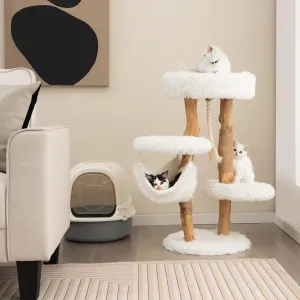 PETSITE 34 inch Wooden Cat Tree, Solid Wood Modern Cat Tower with Jute Scratching Posts, Sisal Rope, Cozy Top Perch and Hammock, Soft Long Plush Pear Wood Cute Cat Tree for Indoor Cats Large