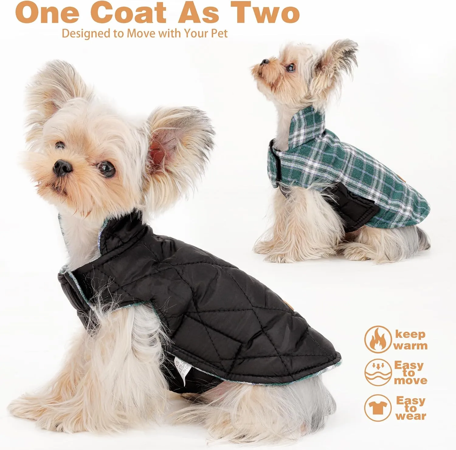 Reversible Warm Dog Coat with Hook and Loop Tape Straps: British-Style Plaid Jacket for Winter, Cozy Cold-Weather Vest for Small, Medium & Large Dogs C Ideal for Snow and Outdoor Adventures Green XS