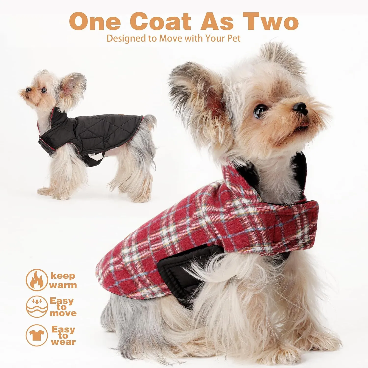 Reversible Warm Dog Coat with Hook and Loop Tape Straps: British-Style Plaid Jacket for Winter, Cozy Cold-Weather Vest for Small, Medium & Large Dogs C Ideal for Snow and Outdoor Adventures Red XS