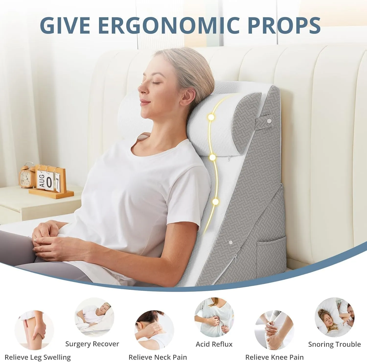 Sasttie Wedge Pillow Set for After Surgery, Adjustable Bed Wedge Pillow Headboard with Orthopedic Memory Foam Neck Cushion  for Acid Reflux, Sleeping, Neck & Back Support, White and Light Grey
