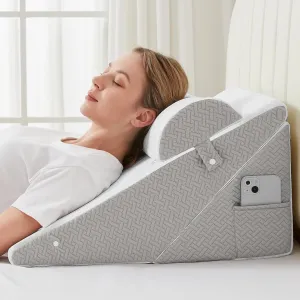 Sasttie Wedge Pillow Set for After Surgery, Adjustable Bed Wedge Pillow Headboard with Orthopedic Memory Foam Neck Cushion  for Acid Reflux, Sleeping, Neck & Back Support, White and Light Grey