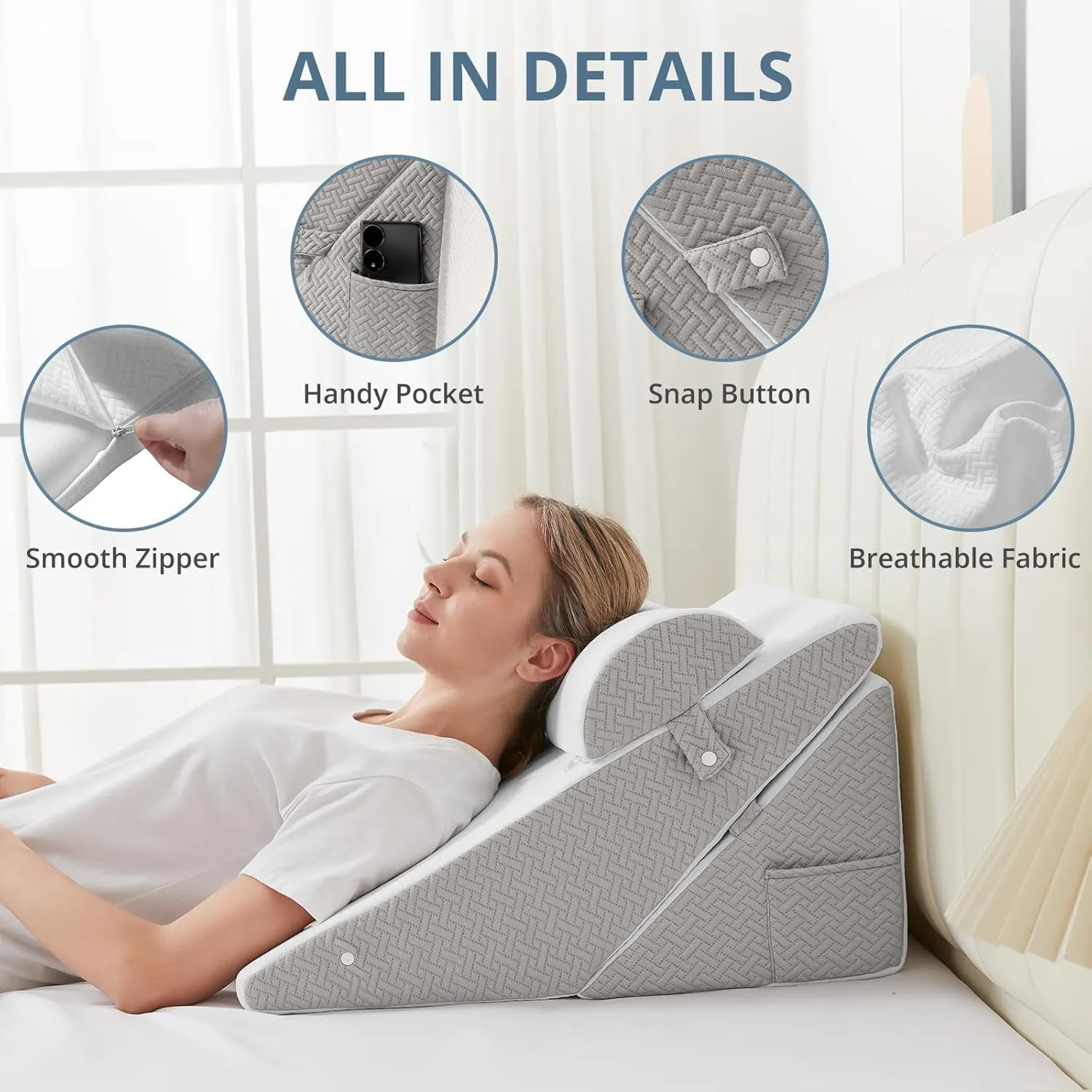 Sasttie Wedge Pillow Set for After Surgery, Adjustable Bed Wedge Pillow Headboard with Orthopedic Memory Foam Neck Cushion  for Acid Reflux, Sleeping, Neck & Back Support, White and Light Grey