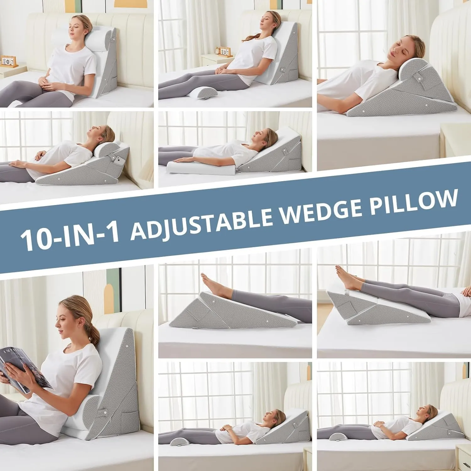 Sasttie Wedge Pillow Set for After Surgery, Adjustable Bed Wedge Pillow Headboard with Orthopedic Memory Foam Neck Cushion  for Acid Reflux, Sleeping, Neck & Back Support, White and Light Grey