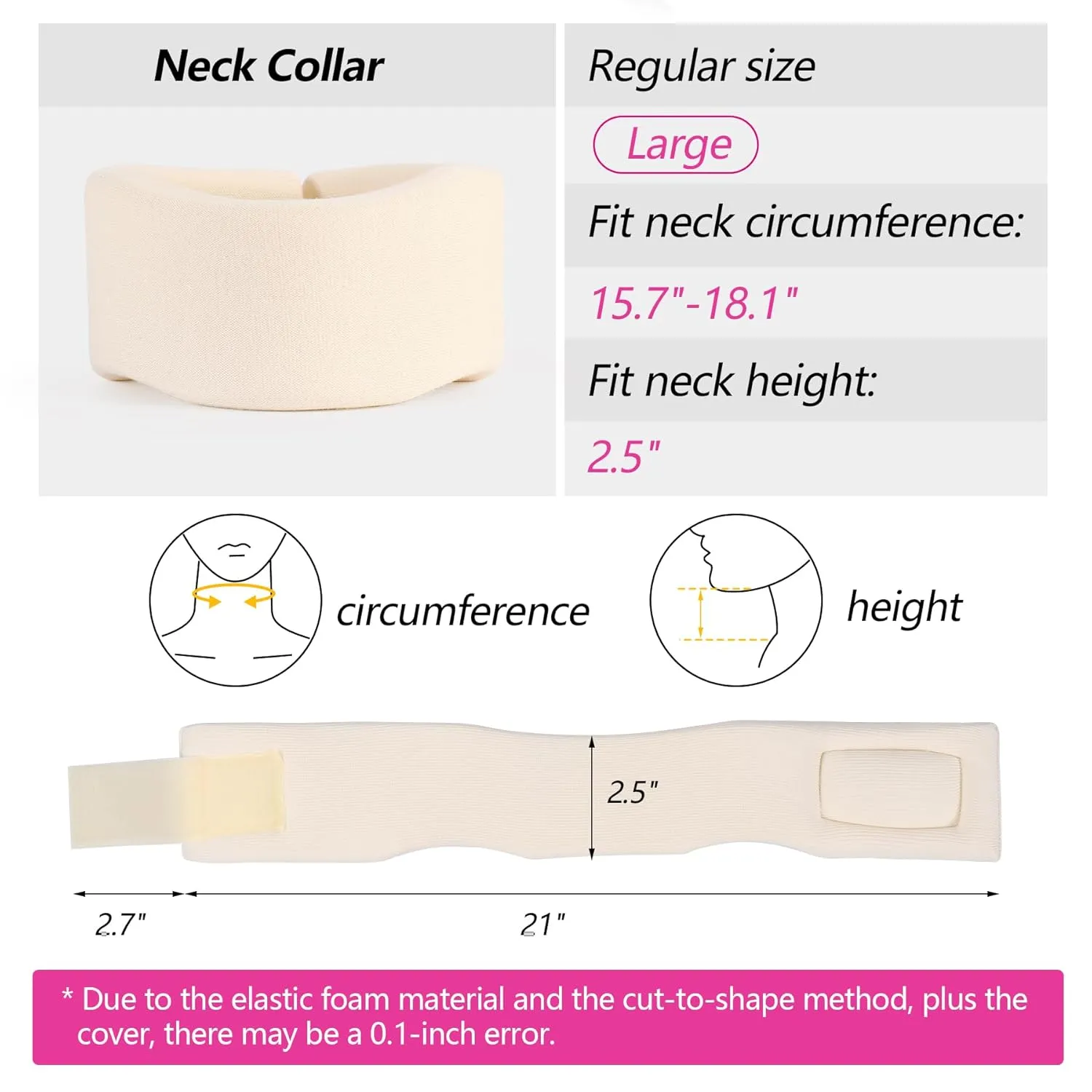 Soft Foam Neck Brace Universal Cervical Collar, Adjustable Neck Support Brace for Sleeping - Relieves Neck Pain and Spine Pressure, Neck Collar After Whiplash or Injury (2.5" Depth Collar, L)