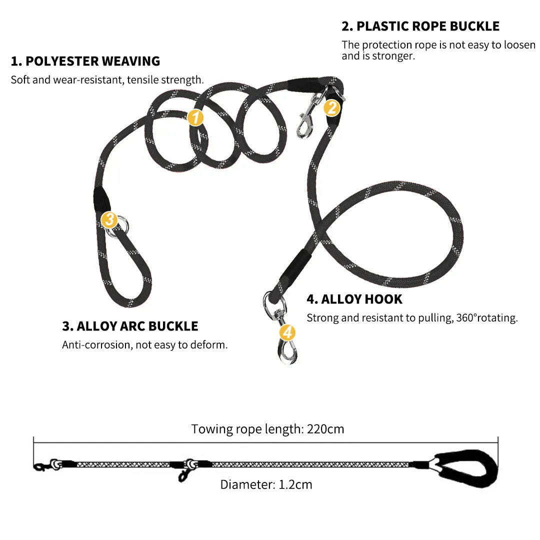 SOGA 220cm Multifunction Hands Free Rope Pet Cat Dog Puppy Double Ended Leash for Walking Training Tracking Obedience Black