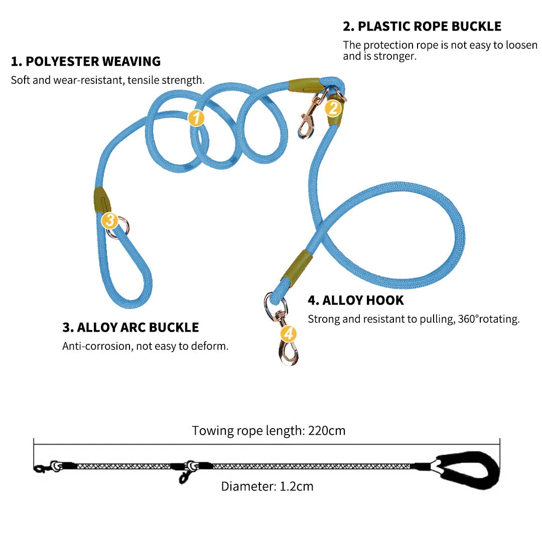 SOGA 220cm Multifunction Hands Free Rope Pet Cat Dog Puppy Double Ended Leash for Walking Training Tracking Obedience Blue