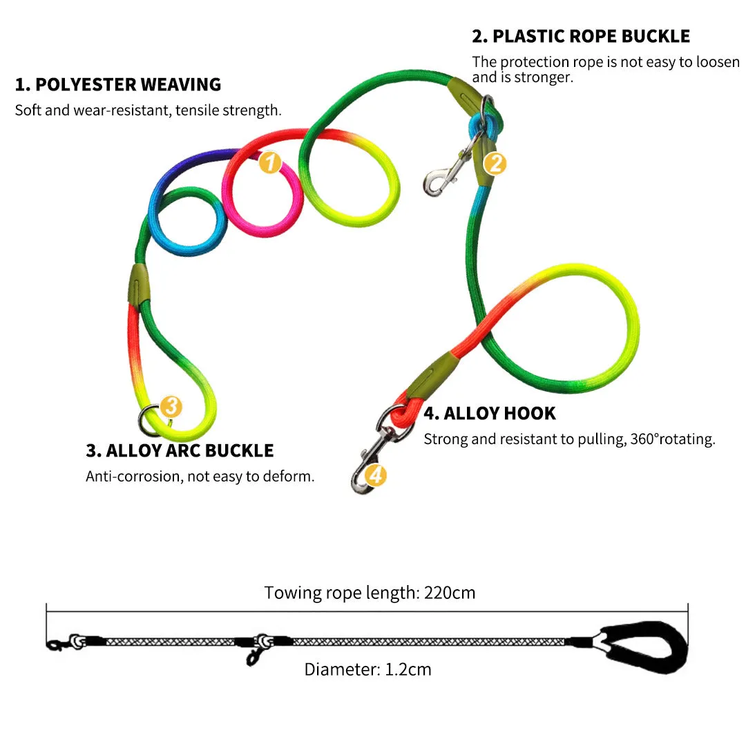 SOGA 2X 220cm Multifunction Hands Free Rope Pet Cat Dog Puppy Double Ended Leash for Walking Training Tracking Obedience Rainbow