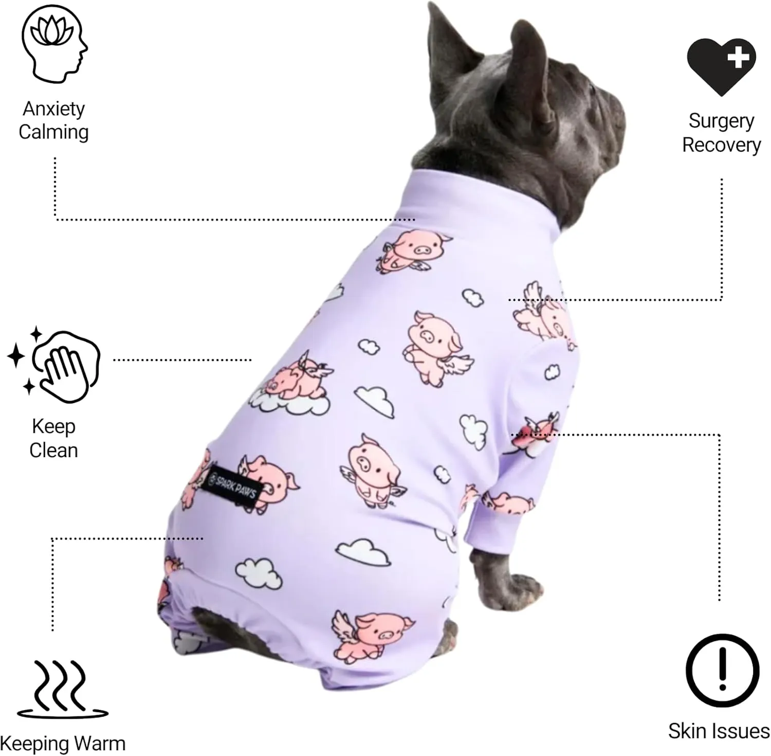 Spark Paws Dog Pajama, Ultra-Soft and 4-Way Stretch, Recovery-Suit PJ Onesie for Small, Medium and Large Breeds - When Pigs Fly - Purple - L