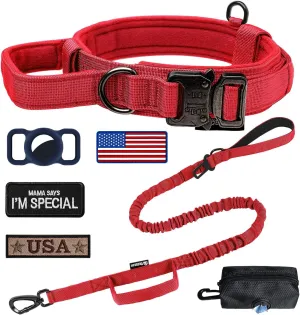 Tactical Dog Collar Adjustable Military Collar: - Nylon K9 Collars with Handle and Heavy Duty Metal Buckle for Medium and Large Dogs with 3 Patches and Airtag Case Holder (Red-Set, XL)