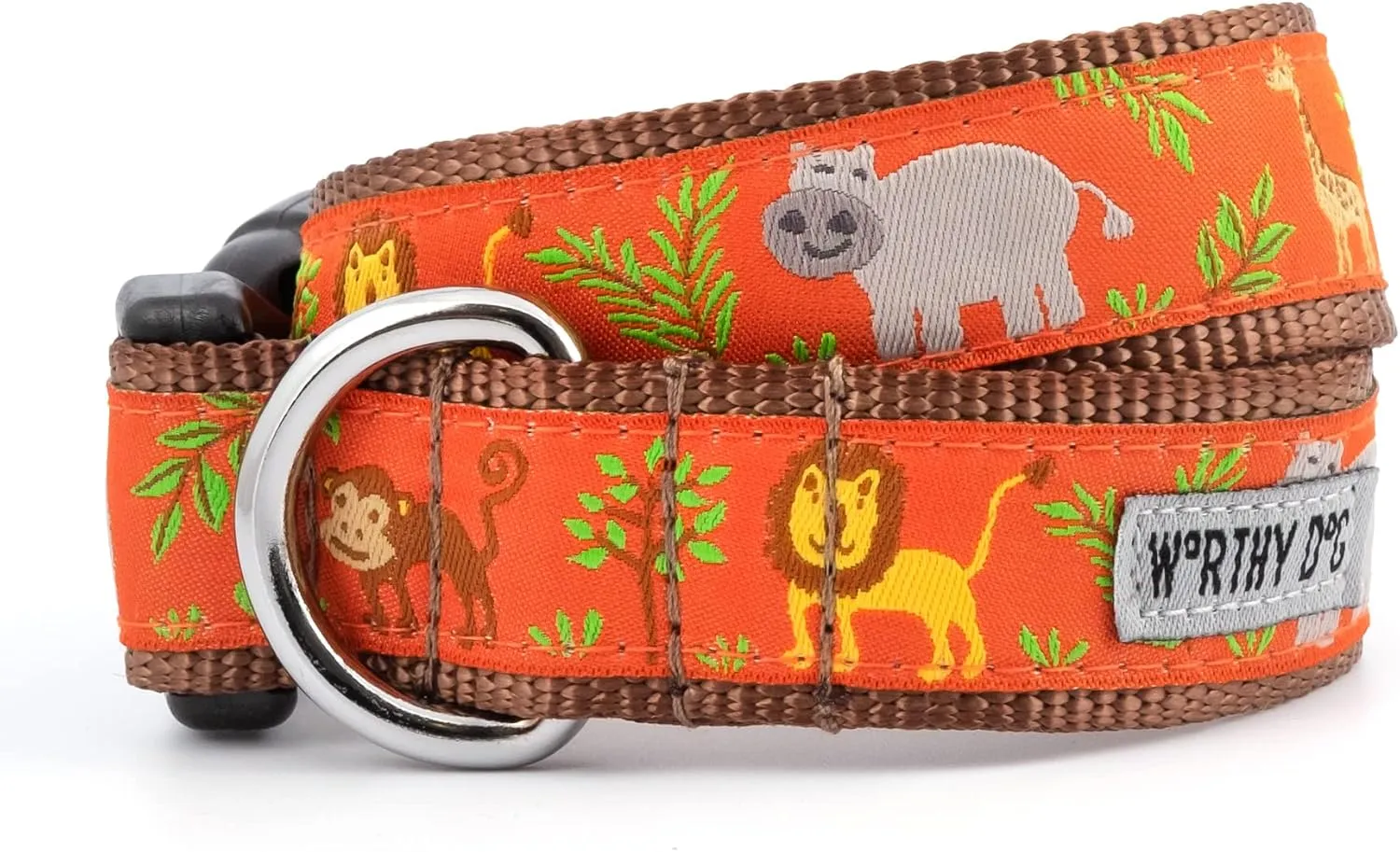 The Worthy Dog Zoofari Lion Elephant Monkey Jungle Pattern Designer Adjustable and Comfortable Nylon Webbing, Side Release Buckle Collar for Dogs - Fits XL Size Dogs, Coral