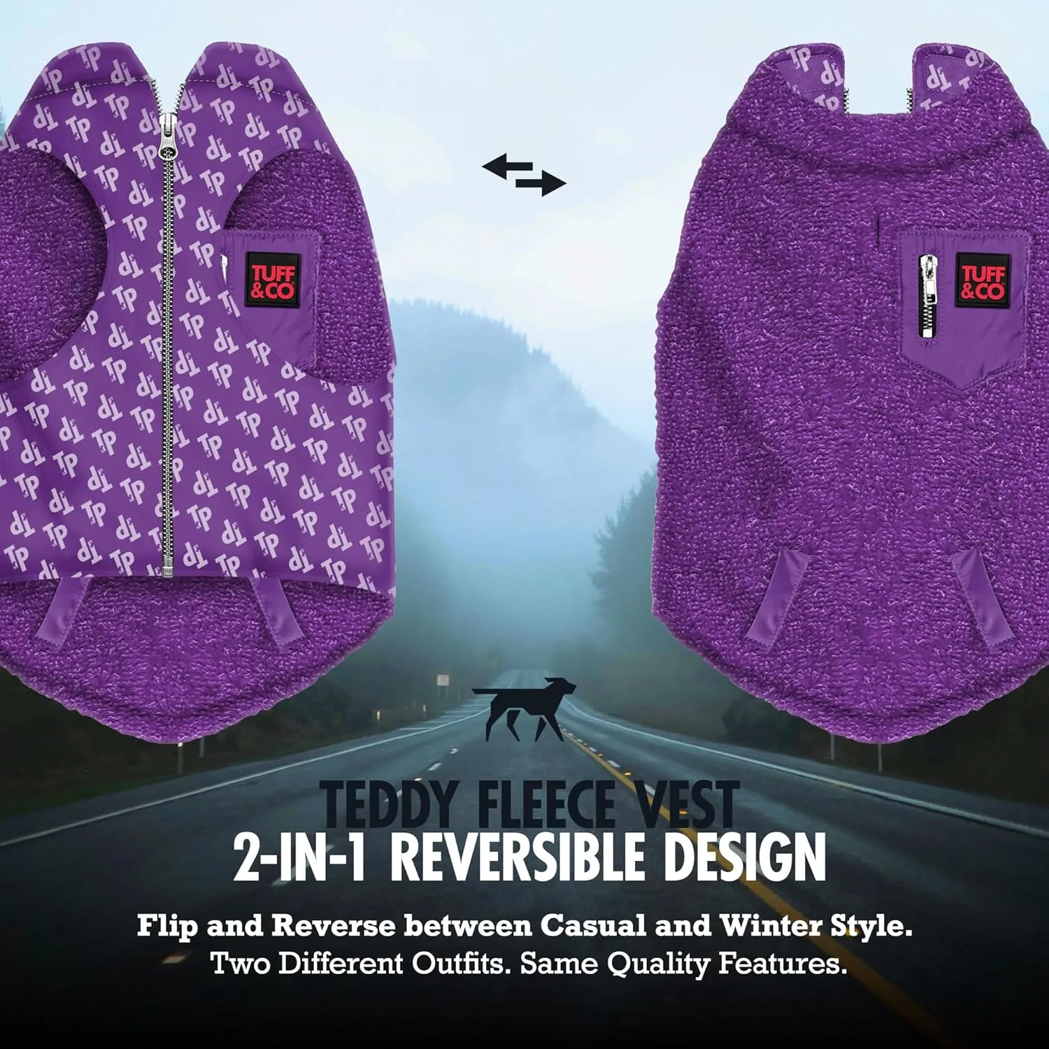 Tuff Pupper Reversible Fleece Dog Vest | Lightweight Comfortable Insulated Jacket for Spring & Fall | Front Zip Closure | Machine Washable | Built-in Leash Hole | Sizes for All Breeds (Medium, Purple)