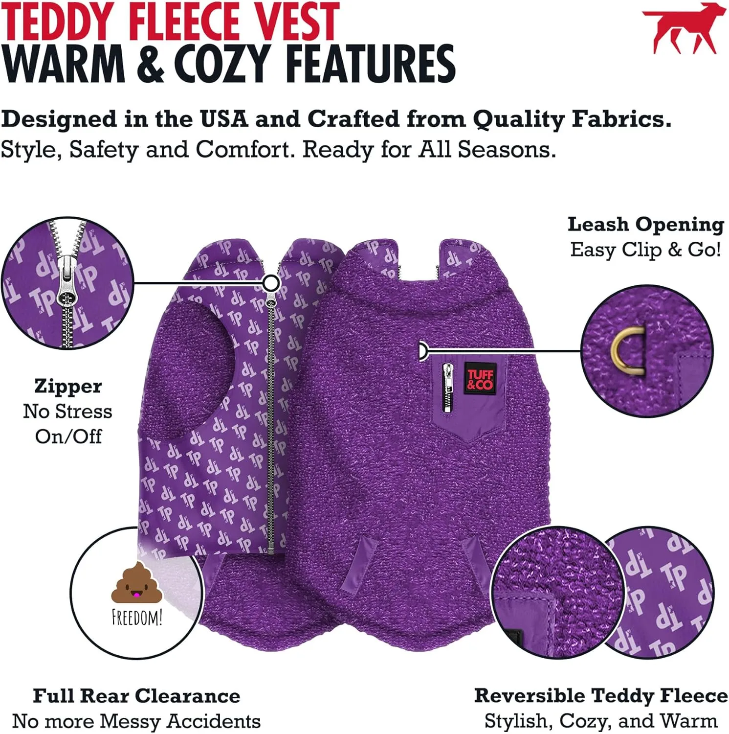 Tuff Pupper Reversible Fleece Dog Vest | Lightweight Comfortable Insulated Jacket for Spring & Fall | Front Zip Closure | Machine Washable | Built-in Leash Hole | Sizes for All Breeds (Medium, Purple)