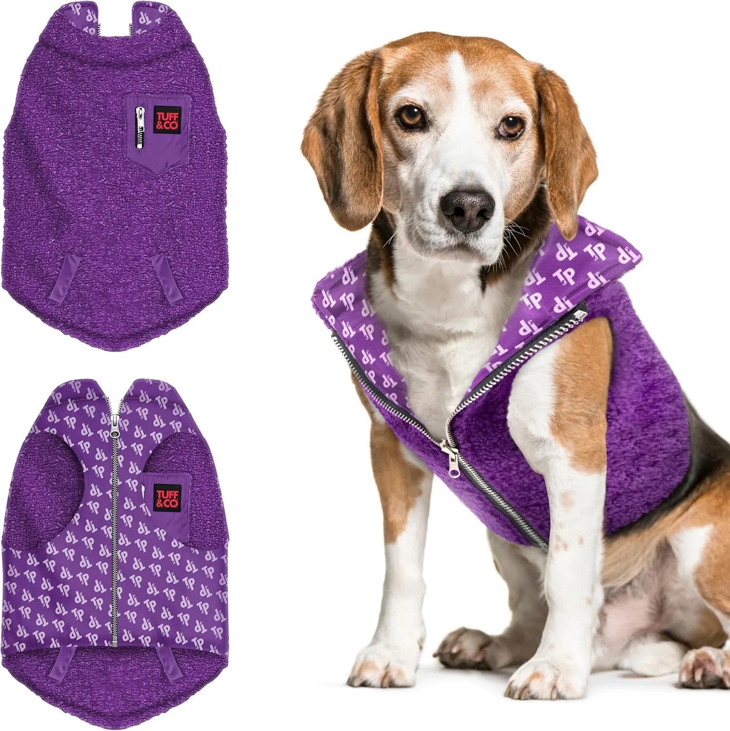 Tuff Pupper Reversible Fleece Dog Vest | Lightweight Comfortable Insulated Jacket for Spring & Fall | Front Zip Closure | Machine Washable | Built-in Leash Hole | Sizes for All Breeds (Medium, Purple)