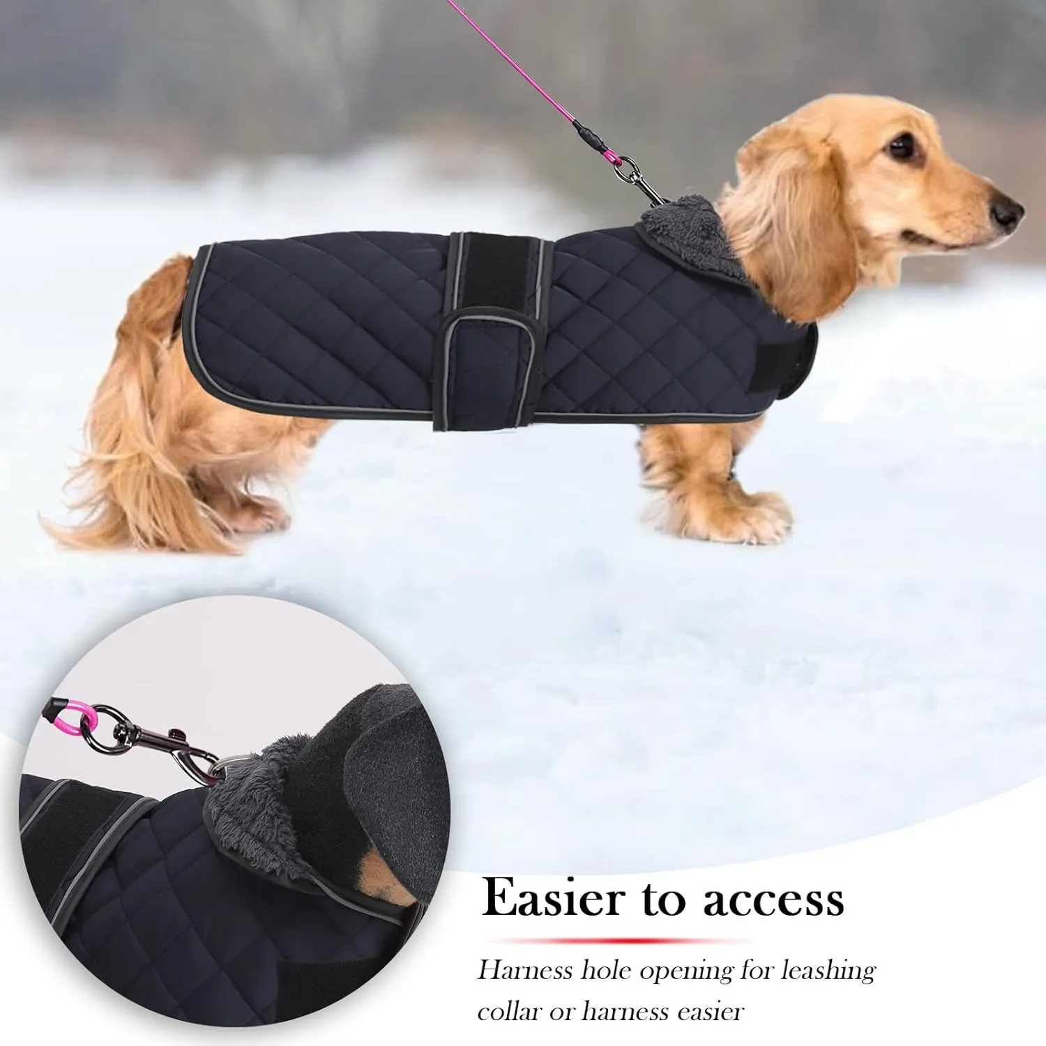 Warm Thermal Quilted Dachshund Coat, Dog Winter Coat with Warm Fleece Lining, Outdoor Dog Apparel with Adjustable Bands for Medium, Large Dog-Dark Blue-L